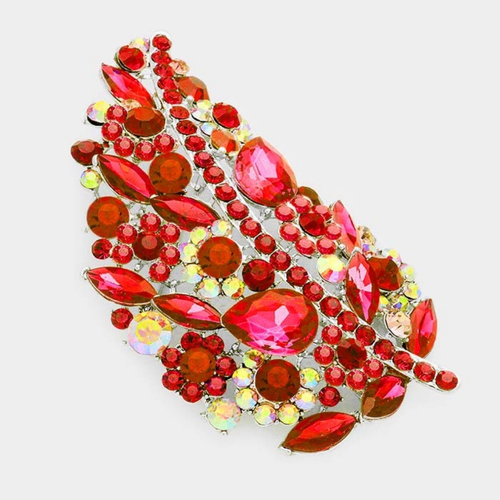 Red Brooch Glass Crystal Pin Floral Leaf Style Rhinestones Accessory